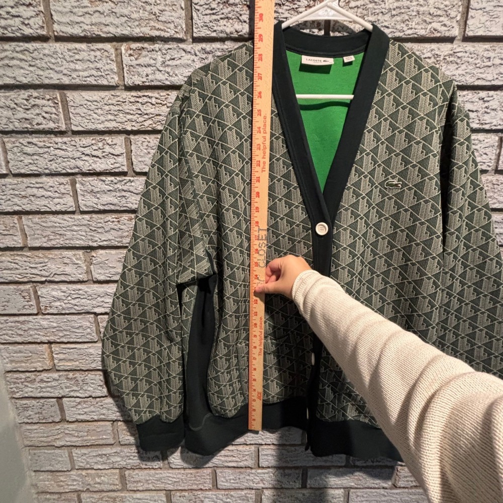 Lacoste Loose Fit Monogram Geometric Cardigan Green Grey Size 44 AF2430 - Picture 4 of 7